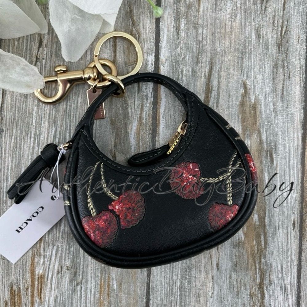 Coach Mini Carmen Bag Charm Black Cherries Leather Purse - Picture 5 of 7